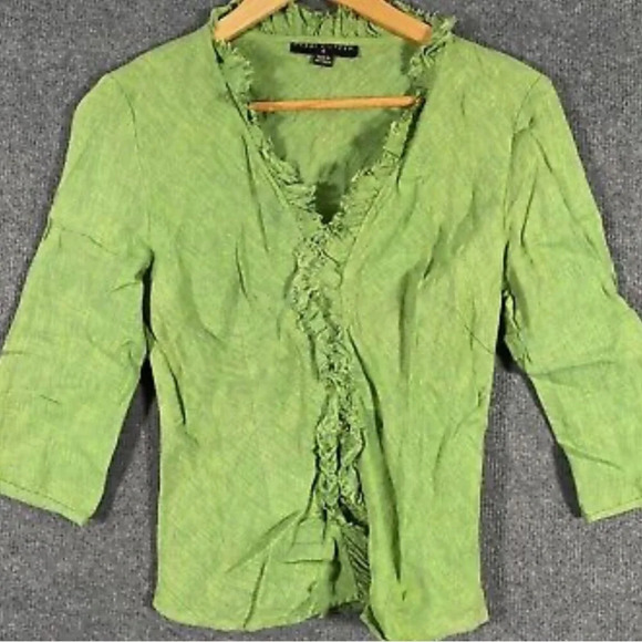 90s Perri Cutten VNTG Green Linen Cardigan Ruffle Trim Size 8 - Picture 2 of 5